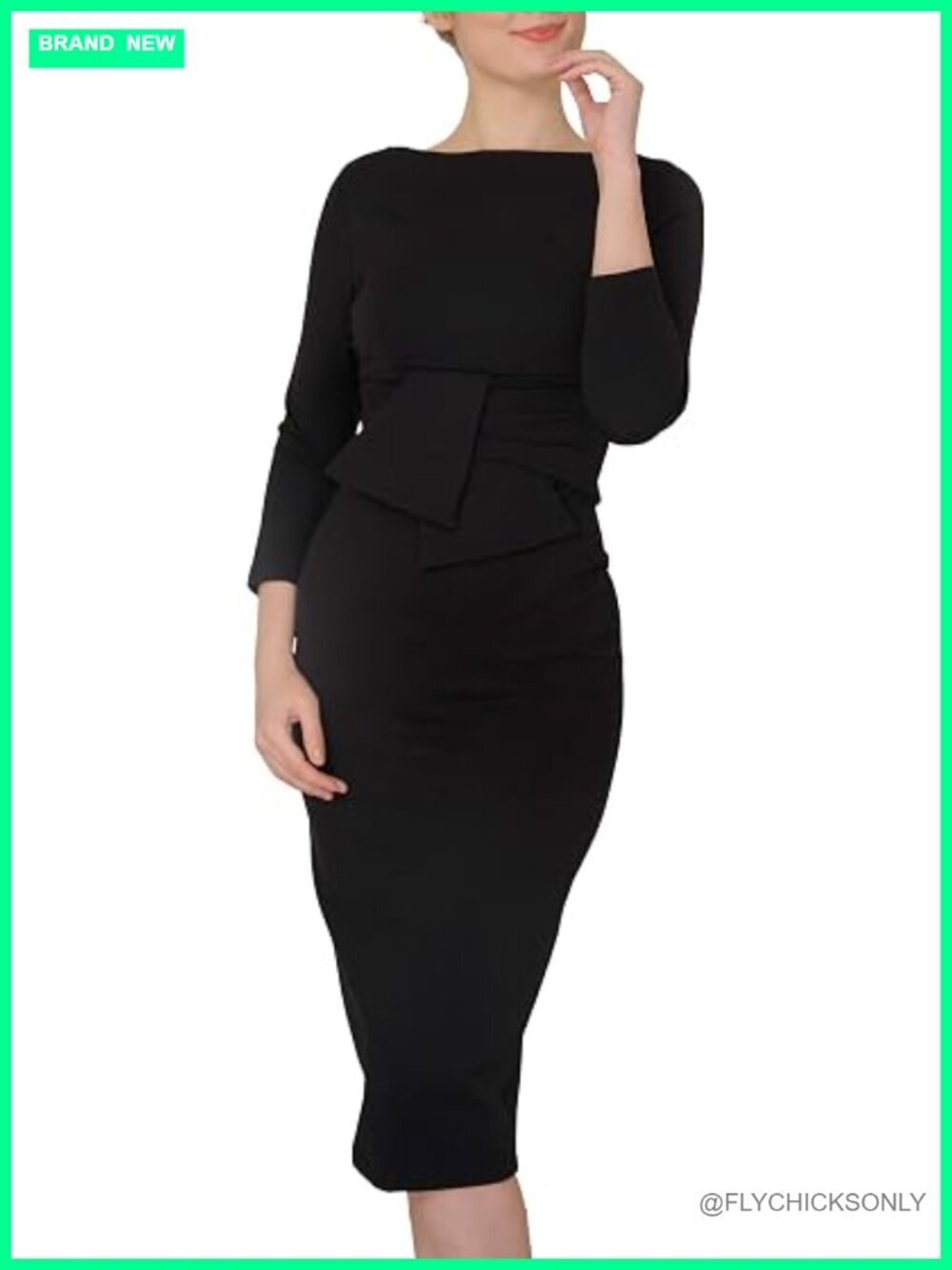Vintage Wiggle Midi Sheath Dress with Bowtie Waist - Long Sleeve Work Office